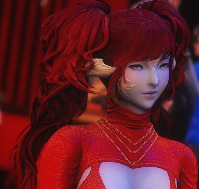 A picture of Tsurumi Sashihai smiling at the camera with half lidded eyes. She is a Raen au ra with blue tinted skin, red wavy twin tails, and a revealing red dress.